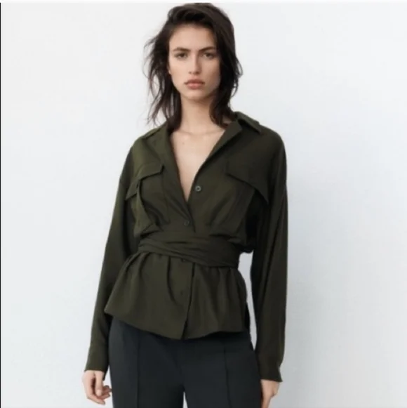 Zara Belted Pocket Blazer Jacket Tie Waist Khaki Size XS - Picture 1 of 12